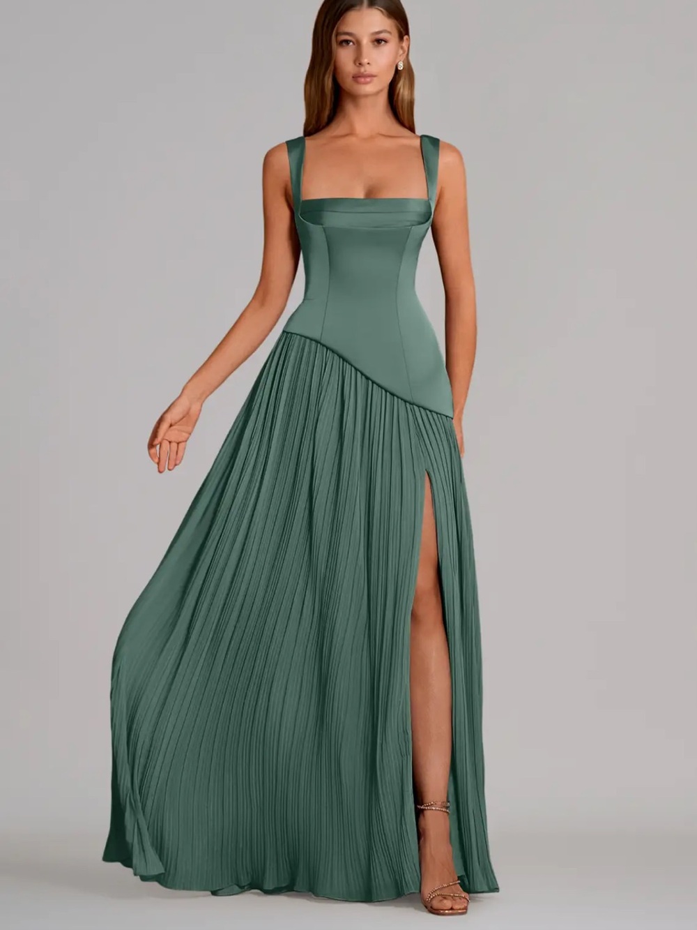 Azazie Stephanie Eucalyptus Pleated Maxi Corset Back Bridesmaid Dress - Picture 1 of 3